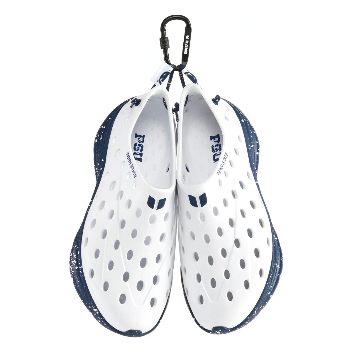 white and navy Penn State Kane recovery shoes with carabiner